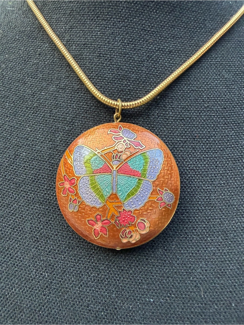 Vintage Capri Cloisonne Enamel Butterfly Pendant Necklace Round Puffy Gold Tone